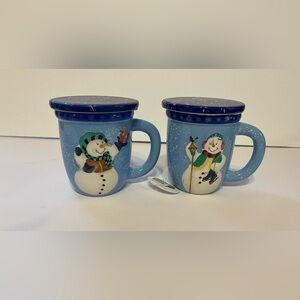 2 -Winter Themed Snowman Blue Mugs with Lids